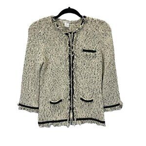 Lauren Hansen Women's Fringe Tweed Silk Cotton Blend Zip Cardigan Sweater Sz S